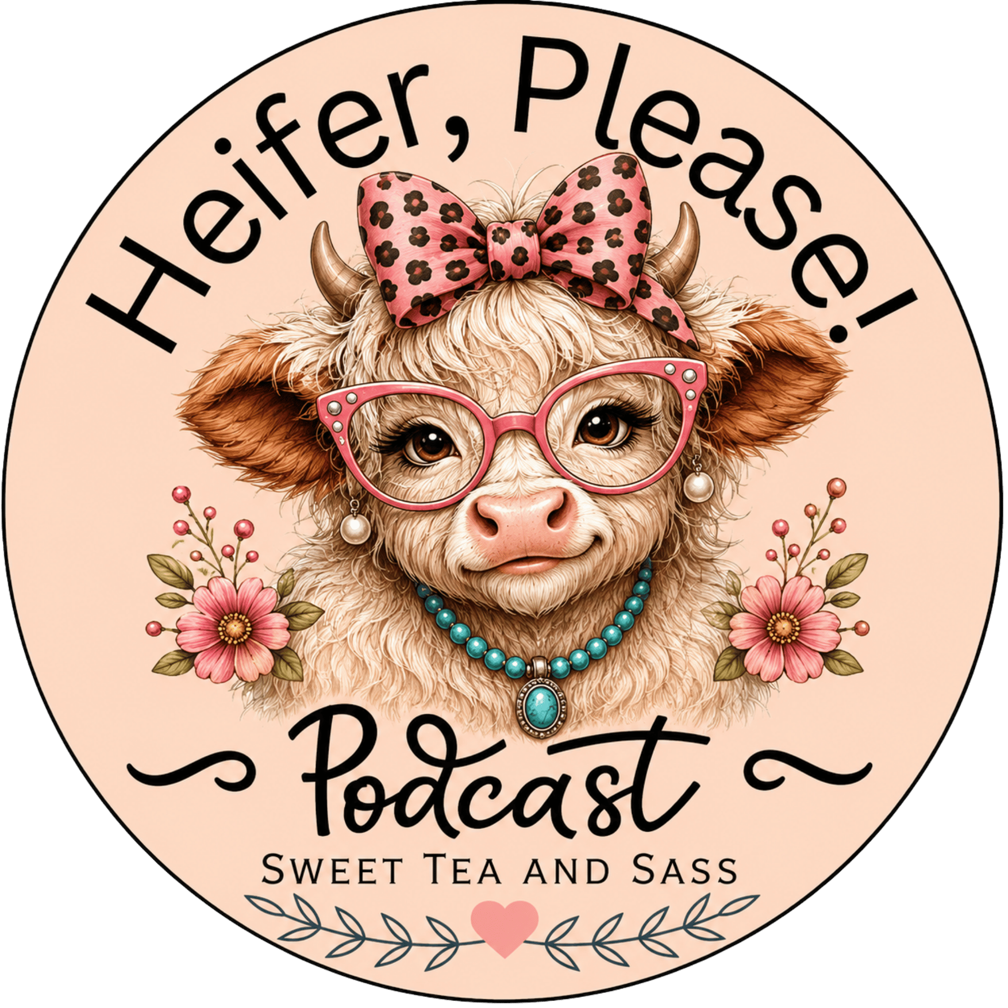 Heifer, Please! Podcast — Ms. Emsley the cow with pink glasses